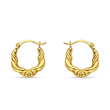 14K Yellow Gold 12mm Fancy French Lock Hallow Snap Closure Hoop Earrring Wholesale